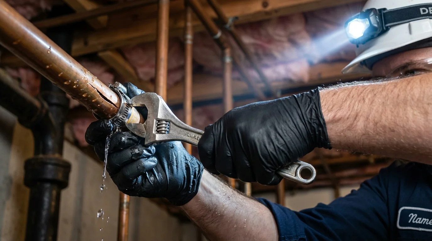 Emergency pipe clamp repair being performed by a Johns Plumbing LLC plumber in New Albany