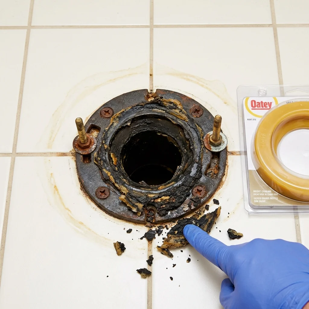 Failed wax ring showing water seepage at the base of a toilet in a New Albany, MS home