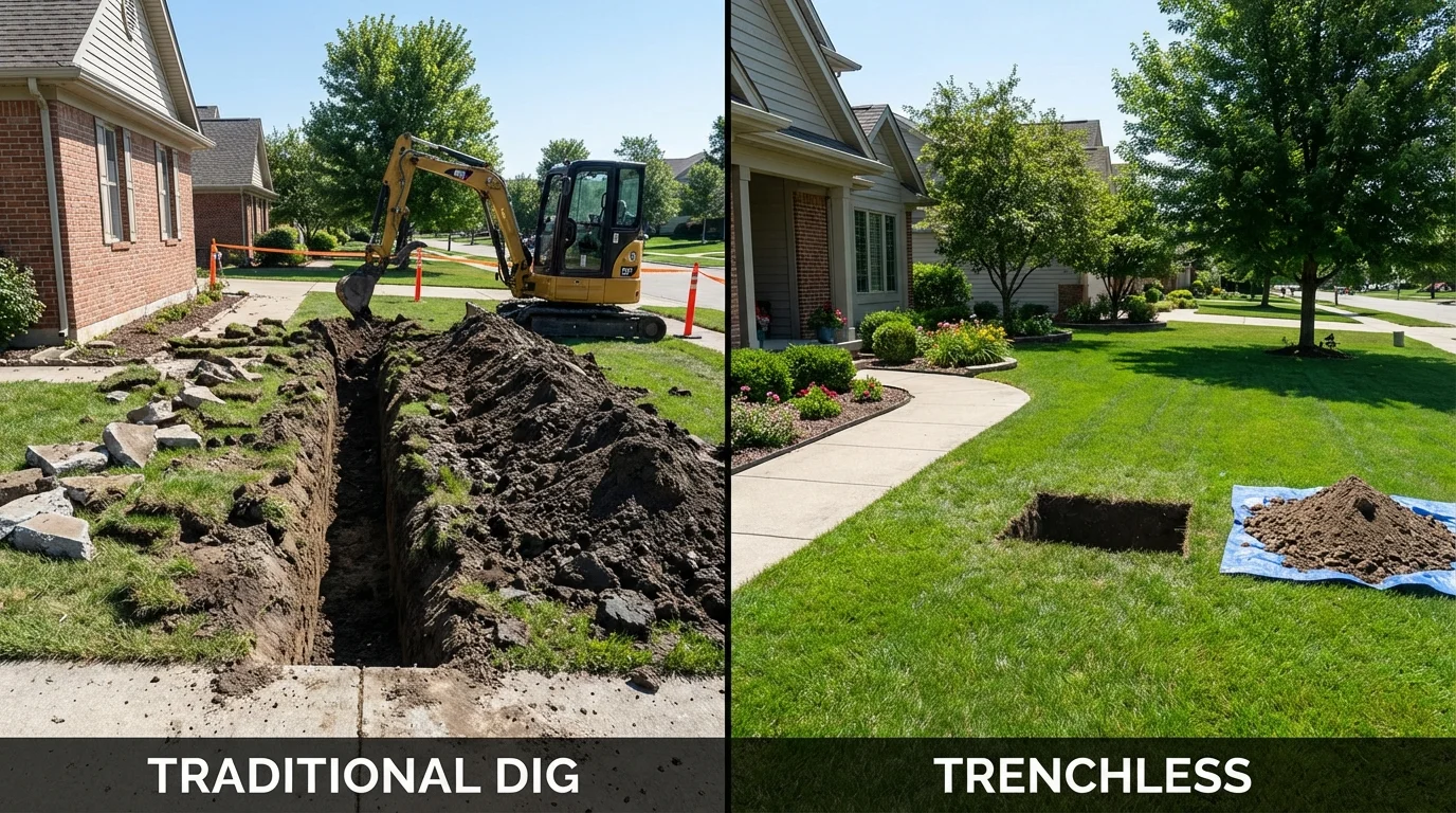 Trenchless sewer repair with minimal yard damage versus traditional excavation in New Albany, MS