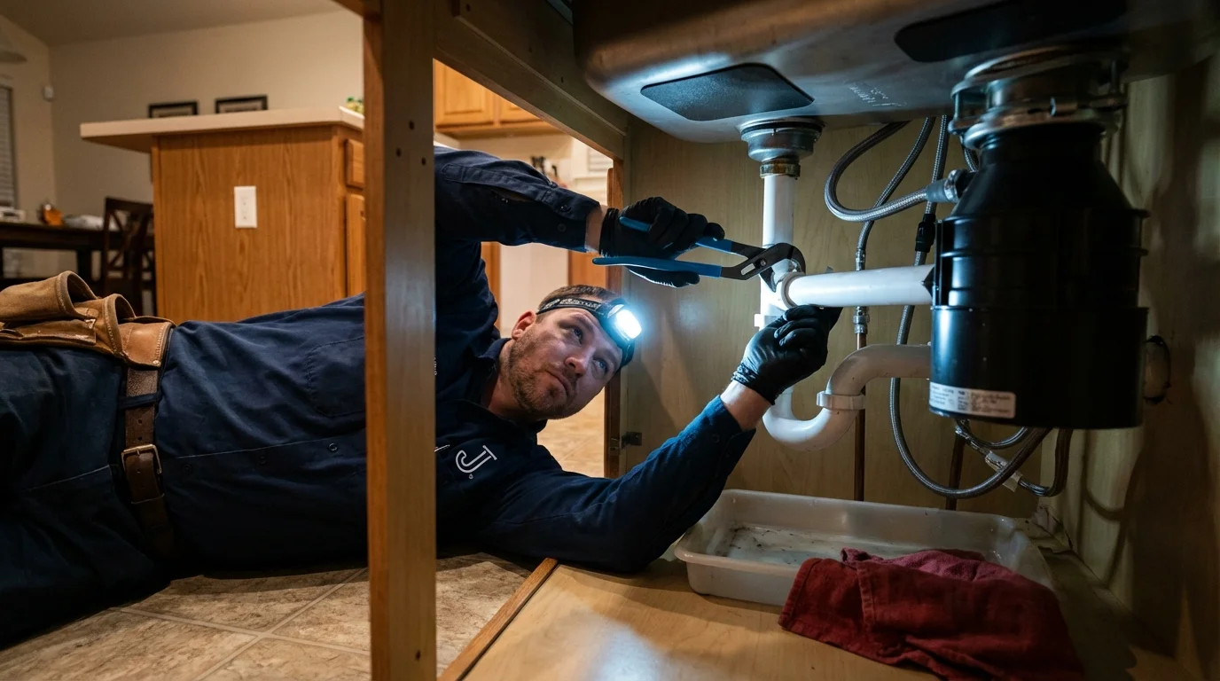P-trap and supply line connections under a kitchen sink showing a common leak point in New Albany, MS